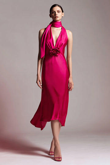 Fuchsia V-Neck Sheath Midi Wedding Guest Dress with 3D Flower